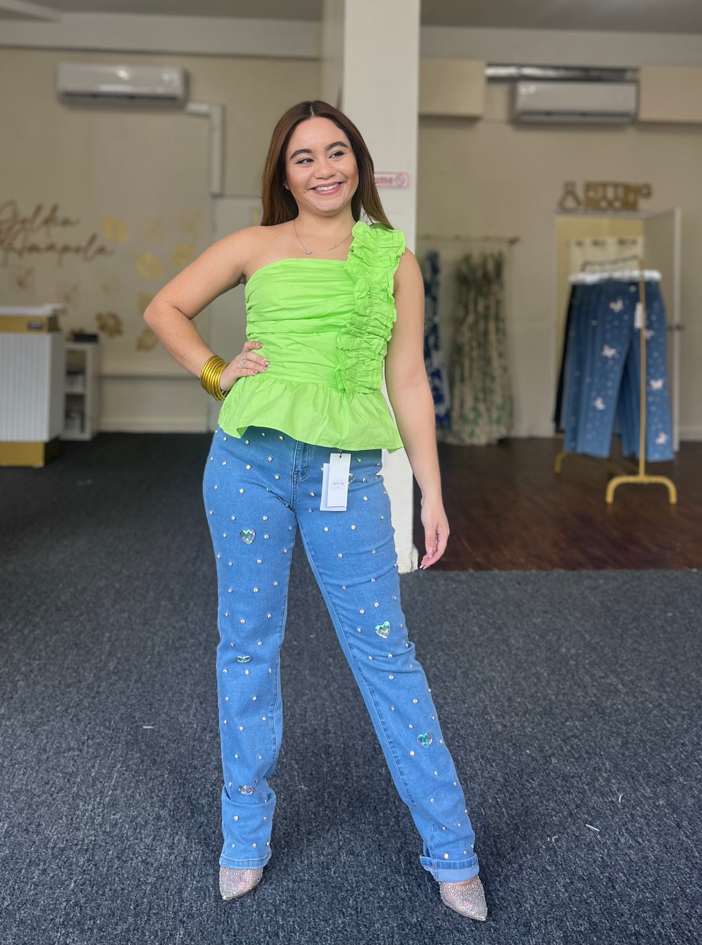 HEART RHIMESTONE STRETCH DENIM SKINNY JEANS