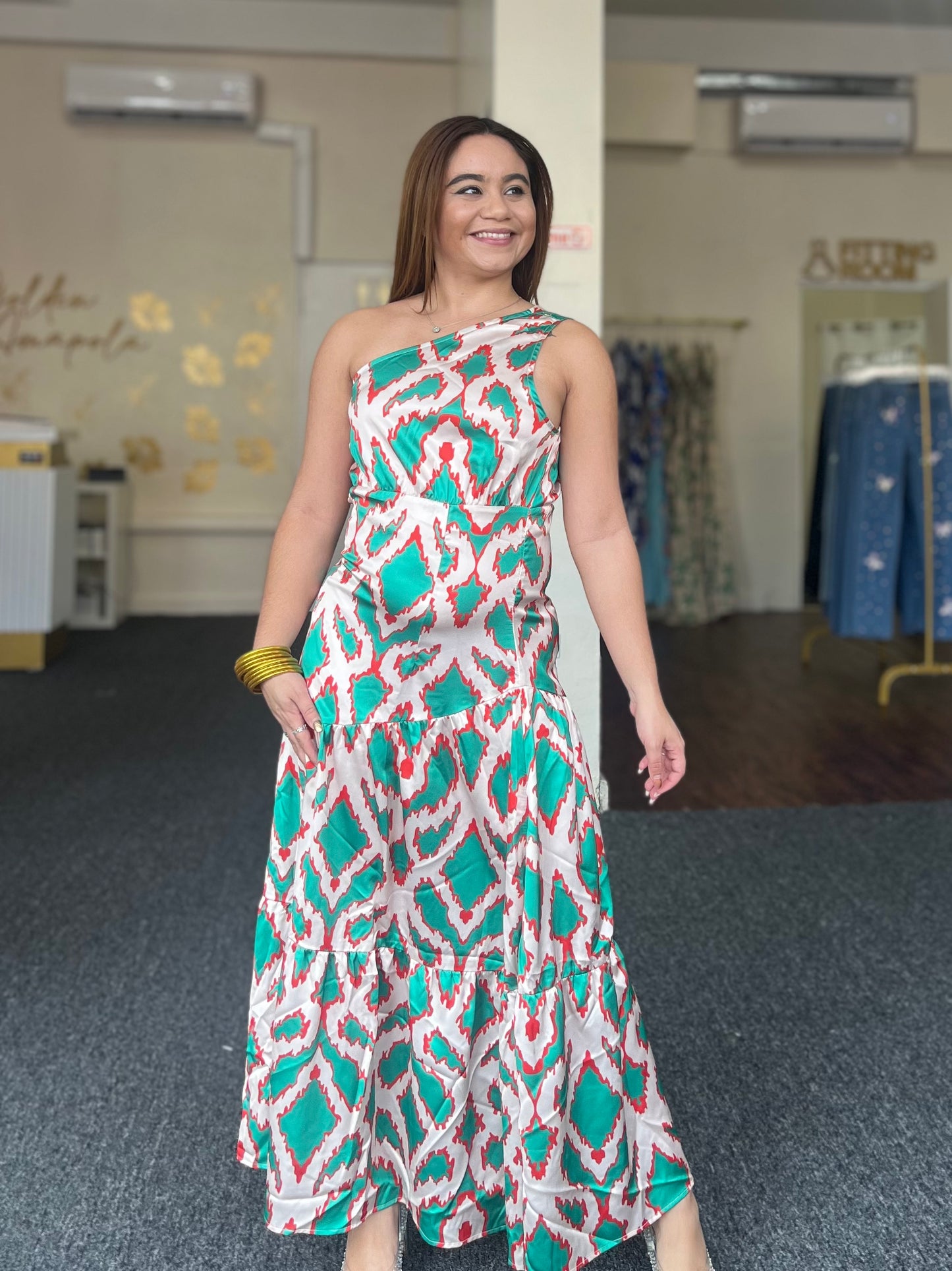 Emerald Mosaic One Shoulder Dress