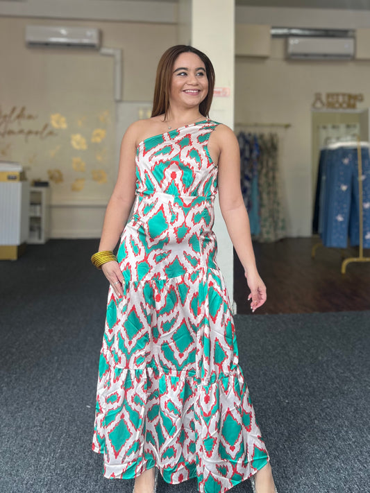 Emerald Mosaic One Shoulder Dress